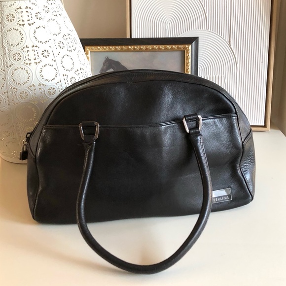 Perlina New York Satchel Arch soft black leather handbag silver hardware - Picture 7 of 14